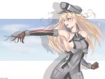  1girl absurdres anchor atodashi bismarck_(kancolle) blonde_hair blue_eyes breasts brown_gloves collar detached_sleeves gloves grey_headwear hat highres kantai_collection large_breasts long_hair metal_collar military military_uniform open_mouth peaked_cap sideboob solo uniform 
