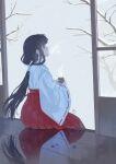  1girl absurdres aosugar black_hair cup flower highres holding holding_cup inuyasha japanese_clothes kikyou_(inuyasha) long_hair looking_afar miko purple_flower snow snowing solo steam winter yunomi 