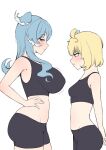  2girls ahoge aqua_eyes arm_behind_back bare_arms bare_shoulders bike_shorts black_sports_bra blonde_hair blue_hair blue_nails blue_wings blush bob_cut breast_envy breasts cipher4109 covered_nipples elira_pendora from_side green_eyes groin_outline hair_over_one_eye hand_on_own_hip head_wings highres huge_breasts long_hair medium_support_(meme) meme midriff millie_parfait mole mole_on_armpit multicolored_hair multiple_girls nail_polish naughty_face nijisanji nijisanji_en one_eye_covered pout profile short_hair simple_background skindentation small_breasts sports_bra virtual_youtuber white_background white_hair wings 