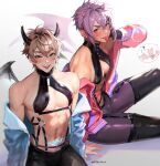  2boys ? abs aster_(nu_carnival) bat_(animal) bishounen blush brown_eyes brown_hair demon_boy demon_horns demon_tail demon_wings eiden_(nu_carnival) gem highres horns latex_top long_sleeves looking_at_viewer male_focus morvay_(nu_carnival) multiple_boys navel nu_carnival off_shoulder owner_bird pointy_ears pubic_tattoo purple_eyes purple_hair red_horns short_hair smile stomach_tattoo tail tattoo wings 