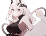  1girl arknights bare_shoulders black_tank_top choker closed_mouth earclip from_side hair_between_eyes hair_ornament horns infection_monitor_(arknights) long_hair looking_at_viewer looking_to_the_side mudrock_(arknights) mudrock_(elite_ii)_(arknights) pointy_ears red_eyes sideways_glance simple_background solo sweat tank_top tareme tetuw upper_body white_background white_hair 