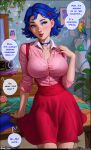  1girl absurdres aroma_sensei bird blue_bra blue_eyes blue_hair blush book bra breasts cleavage cloth collar dress emily_(stardew_valley) english_commentary english_text hair_ornament heart_collar highres large_breasts long_sleeves mannequin open_mouth parrot partially_unbuttoned radio scissors see-through see-through_shirt shirt short_hair smile solo stardew_valley underwear 