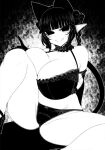  1girl animal_ears blunt_bangs bow bra braid breasts cat_ears cat_girl cat_tail cleavage closed_mouth commentary_request curvy elbow_gloves extra_ears frilled_bra frills gloves greyscale hair_bow haseru_(ginku_mh) high_heels huge_breasts kaenbyou_rin looking_at_viewer monochrome multiple_tails nekomata panties pointy_ears side_braids sidelocks smile solo tail touhou twin_braids two_tails underwear 