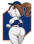  2023 absurd_res ball baseball_(ball) baseball_cap baseball_uniform brown_hair butt butt_focus clothing denzeltip female for_a_head hair hat headgear headwear hi_res humanoid looking_back mascot mlb mrs._met new_york_mets not_furry object_head ponytail solo sportswear uniform 