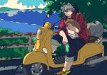  1boy animal_ears bara collared_shirt fence flat_color fox_boy fox_ears fox_tail goatee_stubble green_eyes grey_hair haishiba_ame highres holding holding_map layered_shirt lost male_focus map oc_(haishiba_ama) ocean on_motorcycle original pants pants_rolled_up reading road shirt shoes short_hair sitting sneakers solo street sweatdrop tail thick_eyebrows tree 