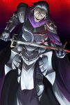  1boy armor black_hair blank_eyes blood blood_on_clothes blood_on_weapon breastplate crazy_smile fate/grand_order fate_(series) feet_out_of_frame gilles_de_rais_(saber)_(fate) highres itaru_(kidomh63) looking_at_viewer male_focus pelvic_curtain short_hair smile solo vambraces weapon 