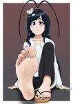  1boy antenna_hair barefoot black_hair black_nails bleach bleach:_the_thousand-year_blood_war blue_eyes feet flickmann_ss foot_focus giselle_gewelle highres jewelry long_hair looking_at_viewer otoko_no_ko sandals shoes simple_background single_shoe soles solo toe_ring toes 