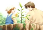  1boy 1girl :d aizawa_yuuichi blue_overalls blurry blush brown_hair closed_eyes day depth_of_field facing_another food from_behind happy hat highres holding holding_food jacket kanon leaf long_sleeves non-web_source open_mouth orange_hair outdoors overalls revision seedling shirt short_hair sitting smile sparkle spoilers taiyaki teeth tsukimiya_ayu upper_body upper_teeth_only wagashi white_headwear yellow_shirt zen_(kamuro) 