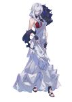  1girl absurdres alternate_costume arknights bare_shoulders black_gloves commentary_request dress fingerless_gloves full_body gladiia_(arknights) gloves high_heels highres mirrorwu81568 nail_polish pointy_ears red_eyes red_nails simple_background single-shoulder_dress solo standing white_background white_dress white_hair 