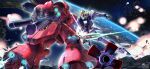  absurdres artist_name battle beam_saber char&#039;s_counterattack duel earth_(planet) explosion funnels_(gundam) green_eyes gundam highres holding holding_sword holding_weapon in_orbit insignia mecha mobile_suit no_humans noisi nu_gundam one-eyed outstretched_arm planet robot sazabi science_fiction space star_(sky) sword thrusters twitter_username v-fin weapon weibo_username zero_gravity 