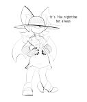  2023 absurd_res anthro bat bottomwear clothing colored_nails dialogue english_text female fingerless_gloves footwear furgonomic_headwear furgonomics gloves handwear hat hat_over_eyes headgear headwear hi_res high_heels mammal monochrome nails rouge_the_bat sega skirt solo sonic_the_hedgehog_(series) sun_hat text the-hydroxian 