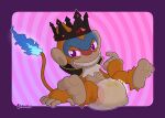  anthro belly_tuft bodily_fluids clenched_teeth clothed clothing crown diaper diaper_fetish diaper_only diaper_use fire flaming_tail fur generation_4_pokemon genital_fluids gesture head_tuft headgear hi_res hypnosis mind_control monferno nintendo orange_body orange_fur pointing pointing_at_self pokemon pokemon_(species) raised_foot shambles sitting smile smiling_at_viewer spiral_eyes tail teeth topless tuft urine wearing_diaper wet_diaper wetting wetting_diaper white_diaper 