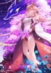  1girl animal_ears bare_shoulders breasts cherry_blossoms cowboy_shot detached_sleeves earrings floppy_ears fox fox_ears fujimori_shiki genshin_impact hair_ornament highres holding japanese_clothes jewelry long_hair looking_at_viewer nontraditional_miko outdoors pink_fur pink_hair purple_eyes sideboob smile solo wide_sleeves yae_miko 