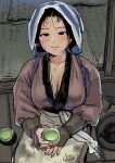  1girl apron black_eyes black_hair blush breasts cleavage closed_mouth collarbone cup forehead gauntlets gesogeso hand_fan indoors large_breasts long_hair long_sleeves looking_at_viewer original sitting smile solo tatami tea teacup wet 