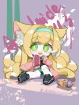  1girl absurdres adelaide_(user_teuz4733) alternate_costume animal_ear_fluff animal_ears aqua_hairband arknights black_footwear blush_stickers chibi chinese_commentary commentary_request fox_ears fox_girl fox_tail full_body graffiti green_eyes green_mittens green_skirt hairband highres jacket kitsune kyuubi long_sleeves looking_at_viewer miniskirt mittens multiple_tails open_mouth pink_jacket pleated_skirt red_scarf scarf shoes skirt sneakers solo spray_can spray_paint suzuran_(arknights) tail teeth thighhighs upper_teeth_only white_thighhighs 