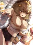 1girl :d absurdres ahoge anis_(nikke) beret black_headwear black_shorts blush breasts brown_hair can chips_(food) cleavage crop_top fang food goddess_of_victory:_nikke grey_shirt hair_ornament hat highres holding holding_can holding_food holding_pocky large_breasts lying open_mouth plastic_bottle pocky potato_chips reaching reaching_towards_viewer shirt short_hair short_shorts shorts skin_fang smile solo torisenpai_art yellow_eyes 