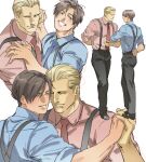  2boys bara black_pants blonde_hair blue_shirt blush brown_hair closed_eyes closed_mouth collared_shirt couple dancing holding_hands jack_krauser leon_s._kennedy male_focus multiple_boys muscular muscular_male necktie pants pink_shirt resident_evil resident_evil_4 resident_evil_4_(remake) shirt short_hair simple_background smile suspenders tatsumi_(psmhbpiuczn) teeth white_background yaoi 