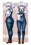  adapted_costume ass blue_eyes bow braid brown_footwear denim green_bow grey_hair high_heels izayoi_sakuya jeans maid maid_headdress overalls pants puffy_short_sleeves puffy_sleeves shimizu_pem shirt short_hair short_sleeves touhou twin_braids white_shirt 