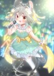  1girl :d absurdres alternate_costume animal_ears ashino_chimado black_footwear blurry blurry_background commentary dress flower full_body green_dress grey_hair hair_flower hair_ornament highres idol light_particles looking_at_viewer mouse_ears mouse_girl mouse_tail nazrin open_mouth red_eyes short_hair smile solo tail teeth thighhighs touhou upper_teeth_only white_flower white_thighhighs 