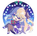  1girl ayao_(axt1224) bat_ornament black_ribbon blonde_hair blush boots bow bowtie box capelet chibi christmas christmas_lights christmas_present dress eyepatch fischl_(genshin_impact) fishnet_pantyhose fishnets fur-trimmed_boots fur-trimmed_capelet fur-trimmed_dress fur_trim genshin_impact gift gift_box gloves green_eyes hair_over_one_eye hair_ribbon high_heels highres long_hair looking_at_viewer merry_christmas mistletoe open_mouth pantyhose purple_bow purple_bowtie purple_dress purple_footwear ribbon santa_dress simple_background smile snowflakes solo two_side_up winter 