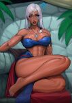  1girl ? abs areola_slip atlantis:_the_lost_empire barefoot black_eyeliner blue_bra blue_eyes blue_nails blush bra breasts collarbone commentary covered_nipples dark-skinned_female dark_skin english_commentary facial_tattoo feet highres jewelry kidagakash large_breasts leaf legs long_eyelashes looking_at_viewer muscular muscular_female nail_polish necklace parted_lips picturd pink_lips sanpaku sitting solo stomach stone_wall strapless tattoo thick_lips toenail_polish toenails toes underwear wall white_hair 