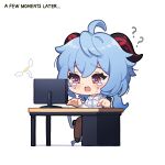  1girl ? ?? absurdres blue_hair chair chibi chlgo08 computer full_body ganyu_(genshin_impact) genshin_impact halo highres horns long_hair looking_at_another office_lady open_mouth purple_eyes solo table tearing_up 