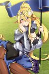  armor blonde_hair breasts centaur centorea_shianus_(monster_musume) cleavage clothed clothing equid equid_taur female flag hair hi_res holding_flag holding_object humanoid_taur lindaroze_(artist) mammal mammal_taur monster_girl_(genre) monster_musume solo taur 