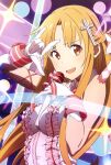  1girl absurdres asuna_(sao) cross_hair_ornament dress frilled_dress frills gloves hair_ornament highres idol idol_clothes long_hair microphone official_art open_mouth orange_eyes orange_hair promotional_art ribbon sleeveless smile sword_art_online white_dress white_gloves 