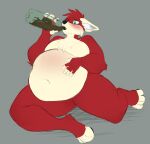  anthro belly beverage blazinlink canid canine drinking fur male mammal overweight overweight_anthro overweight_male red_body red_fur simple_background soda soda_bottle solo 