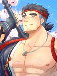  1boy abs bara bare_pectorals blue_hair blush cherry_blossoms chest_hair dark_blue_hair falling_petals forked_eyebrows gammei_(live_a_hero) goatee_stubble hachimaki hadanugi_dousa hair_strand headband large_pectorals live_a_hero long_sideburns looking_up male_focus mature_male muscular muscular_male nejiri_hachimaki nipples official_alternate_costume pectorals petals short_hair sideburns smile solo tekkyuu_d undercut upper_body 