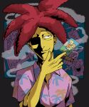  1boy bart_simpson black_eyes cigar closed_mouth colored_skin commentary_request grey_background hawaiian_shirt highres holding holding_cigar knife krusty_the_clown male_focus photo_(object) pink_shirt red_hair satou_(ultrmngrtsrt) shaded_face shirt short_hair short_sleeves shuriken sideshow_bob smile smoking solo spiked_hair the_simpsons upper_body weapon yellow_skin 