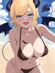  1girl beach blonde_hair blue_eyes blue_sky breast_tattoo breasts cloud demon_girl demon_horns demon_tail demon_wings highres hololive horns large_breasts looking_at_viewer navel open_mouth pointy_ears sky smile solo tail tattoo teeth tsukune_(omaekusaina0501) upper_teeth_only virtual_youtuber water winged_heart_tattoo wings yuzuki_choco 