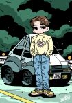  1boy belt black_belt black_eyes blue_pants brown_hair car chibi choro-q denim derivative_work expressionless forest fujiwara_takumi fujiwara_takumi&#039;s_toyota_trueno_ae86 hair_behind_ear hands_in_pockets highres initial_d jeans license_plate looking_to_the_side male_focus motor_vehicle nature pants parody parted_bangs road satosio shoes signature sneakers solo style_parody sweater toyota toyota_sprinter_trueno yellow_footwear yellow_sweater 