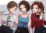  3girls :o arm_support black_pants black_shirt blue_eyes blue_tank_top breasts brown_hair claire_redfield coat coffee_cup crossed_legs cup disposable_cup eyewear_removed green_eyes green_shirt high_ponytail holding holding_cup holding_removed_eyewear jacket jewelry jill_valentine lab_coat large_breasts looking_at_another looking_at_viewer mar0maru medium_breasts multiple_girls necklace open_clothes open_coat open_mouth pants ponytail rebecca_chambers red_jacket resident_evil resident_evil:_death_island shirt short_hair signature tank_top torn_clothes 