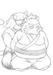  2023 anthro belly big_belly bodily_fluids canid canine clothed clothing duo hi_res hysk kemono male mammal moobs overweight overweight_male raccoon_dog sengoku_puzzle sweat tanuki tokugawa_ieyasu 