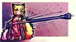  1girl absurdres animal_ear_fluff animal_ears anti-materiel_rifle apron bipod blonde_hair bolt_action border crosshatching flat_chest floofsmear flower fluffy fox_ears fox_girl fox_tail gun hair_between_eyes hair_flower hair_ornament hakama hatching_(texture) highres holding holding_gun holding_weapon japanese_clothes kimono kitsune kyuubi long_eyelashes long_sleeves looking_at_viewer mixed_media multiple_tails outline paint_splatter pink_background ptrd-41 rifle senko_(sewayaki_kitsune_no_senko-san) sewayaki_kitsune_no_senko-san short_hair smile smug sniper_rifle solo standing tabi tail thick_outlines weapon white_border white_kimono white_outline yellow_eyes yellow_fur 