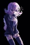  1girl black_background black_jacket black_thighhighs brown_skirt danganronpa_(series) danganronpa_2:_goodbye_despair flipped_hair hair_ornament highres jacket long_hair long_sleeves looking_at_viewer medium_hair miniskirt nanami_chiaki neck_ribbon ohn_(hiyu194) open_clothes open_jacket pink_eyes pleated_skirt ribbon shirt simple_background skirt smile solo spaceship_hair_ornament sparkle thighhighs two-tone_shirt white_shirt zettai_ryouiki 