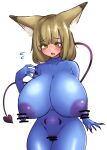  2022 after_transformation amber_eyes animal_humanoid big_breasts blue_body breasts brown_hair canid canid_humanoid censored demon demon_humanoid digital_media_(artwork) female genitals hair head_swap hi_res humanoid mammal mammal_humanoid nipples pubes pussy simple_background solo spade_tail surprise tail vuaisu white_background womb_tattoo 