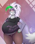  abstract_background anthro arrow_sign big_tail black_clothing black_shirt black_topwear blush bottomwear brown_bottomwear brown_clothing brown_pants canid canine canis chocend clothing drawstring female five_nights_at_freddy&#039;s five_nights_at_freddy&#039;s:_security_breach hi_res mammal navel navel_outline outie_navel pants pregnant pregnant_female proud roxanne_wolf_(fnaf) scottgames shirt smile solo star steel_wool_studios sweatpants t-shirt tail text text_on_clothing text_on_shirt text_on_topwear thick_thighs topwear underbelly watermark wolf 