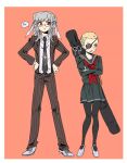  1boy 1girl black_necktie black_pantyhose black_sailor_collar black_shirt black_skirt blonde_hair blush_stickers border braid brown_background collared_shirt corner_(corner29452966) crossed_arms danganronpa_(series) danganronpa_2:_goodbye_despair eyepatch freckles genderswap genderswap_(ftm) genderswap_(mtf) glasses grey_hair hands_on_own_hips highres jacket kuzuryu_fuyuhiko long_hair miniskirt necktie open_clothes open_jacket pants pantyhose pekoyama_peko pleated_skirt red_eyes sailor_collar shirt shoes short_hair skirt speech_bubble striped striped_jacket striped_pants twin_braids white_border 