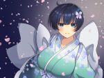  1girl birthday blue_eyes blue_hair blunt_bangs blush bob_cut bow bowl_cut breasts cherry_blossoms commentary_request floral_print flower hair_between_eyes hair_flower hair_ornament highres huge_breasts impossible_clothes japanese_clothes kimono lemonrou light_smile looking_at_viewer senran_kagura senran_kagura_shinovi_versus short_hair smile solo v-shaped_eyebrows yozakura_(senran_kagura) 