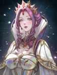  1girl breasts collar crown detached_collar earrings forehead_jewel gem jewelry large_breasts mature_female mirelia_q_melromarc parted_lips purple_collar purple_eyes purple_hair queen serafleur sidelocks solo tate_no_yuusha_no_nariagari 