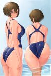  1girl ass bare_back bare_shoulders blue_eyes blue_one-piece_swimsuit breasts brown_hair competition_swimsuit facing_away ginyanagi hair_between_eyes highres medium_breasts multiple_views one-piece_swimsuit original short_hair sideboob swimsuit wading water wet 