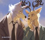  2023 absurd_res anthro antlers beastars canid canine canis carlosjarlos cigarette clothed clothing clothing_lift cloud day deer dress dress_lift duo eye_contact eyebrows fur hi_res horn jacket legoshi_(beastars) looking_at_another louis_(beastars) male mammal nails necktie open_clothing open_jacket open_topwear outside scar sky smoking standing suit text topwear tuft url wolf 