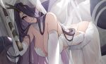 1girl adventure_galley_(carnival_under_the_blood_moon)_(azur_lane) antlers asymmetrical_horns axe azur_lane blush breasts chinese_commentary cleavage clothing_cutout commentary_request detached_collar detached_sleeves dress elbow_gloves gloves golden_hind_(azur_lane) hair_over_one_eye highres holding holding_axe horns large_breasts leaning_forward long_dress long_hair looking_at_viewer mole mole_under_mouth purple_eyes purple_hair qing_wu reindeer_antlers see-through see-through_dress shoulder_cutout smile solo tentacles very_long_hair white_dress white_gloves 