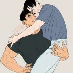  2boys artist_name bara black_hair black_shirt blush carrying carrying_person closed_eyes couple grey_background grey_pants grey_shirt jewelry kashikahaya large_pectorals looking_at_another male_focus multiple_boys muscular muscular_male original pants pectorals ring shirt short_hair simple_background teeth white_pants yaoi 