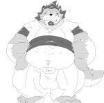  2023 anthro belly big_belly bottomwear canid canine canis clothing hi_res kemono male mammal overweight overweight_male pants shirt simple_background solo suishou0602 tamacolle topwear white_background wolf yamato_(tamacolle) 
