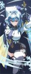  1girl arms_up black_hairband blue_cape blue_gloves blue_hair blue_necktie boots breasts cape center_opening chest_harness cowboy_shot dark_background double-parted_bangs eula_(genshin_impact) foot_out_of_frame full_body genshin_impact gloves greatsword hair_between_eyes hair_ornament hairband harness high-waist_shorts highres holding holding_sword holding_weapon large_breasts long_sleeves looking_at_viewer medium_hair necktie serious shorts sidelocks snowflakes solo song_of_broken_pines_(genshin_impact) sword thigh_boots thighs two-tone_gloves vision_(genshin_impact) weapon white_sleeves wide_sleeves yellow_eyes yomo_(mochiyomo4646) 