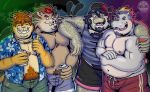  anthro arm_around_shoulders body_hair chest_hair chest_tuft clothed clothing drinking felid feline group hippopotamid krokodyle male mammal open_clothing open_shirt open_topwear shirt shirtless smile smiling_at_viewer suid suina sus_(pig) tank_top topwear tuft wanikami wild_boar 
