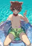  1boy animal_collar animal_ears bishounen blue_eyes blue_innertube cat_ears collar collarbone day fake_animal_ears feet_out_of_frame from_above green_male_swimwear hair_between_eyes hand_up highres leaning_back male_focus male_swimwear navel nipples on_innertube original paid_reward_available sex_toy short_hair swim_trunks thighs topless_male v vibrator vibrator_cord vibrator_under_clothes water wet yoruhachi 